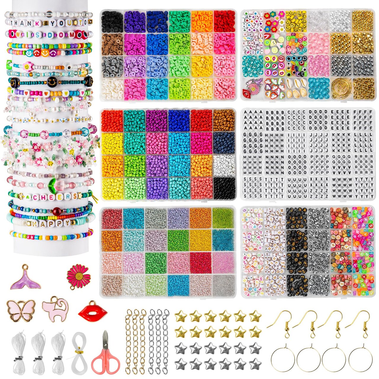 Friendship Bracelet Kit, 16000 pcs with Seed Beads (2/3/4mm), Clay Beads, 7 Styles Letter Beads (A-Z), Variety of Charms, DIY Jewelry Making Crafts